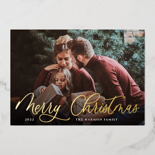 Eenvoudige Gold Script Overlay Merry-kerstfoto Folie Feestdagenkaart (Voorkant)
