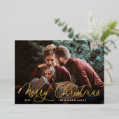 Eenvoudige Gold Script Overlay Merry-kerstfoto Folie Feestdagenkaart (Staand Voorkant)