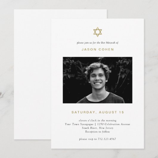 Eenvoudige Gold Star van David | Foto Bar Mitzvah Kaart (Voorkant / Achterkant)