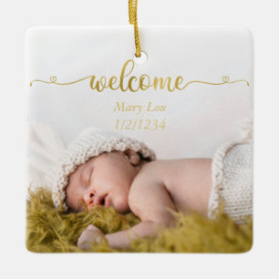 Eenvoudige Gold Welkom Baby geboortefoto Keramisch Ornament