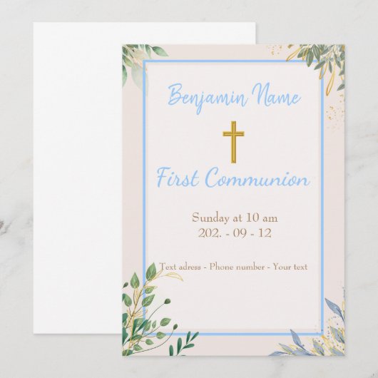 Eenvoudige Golden Cross Boy Bloemen Uitnodiging (Voorkant / Achterkant)