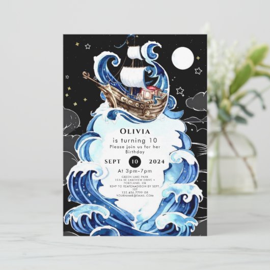 Eenvoudige golven Ahoy Piraat Verjaardag Kaart (Staand voorkant)