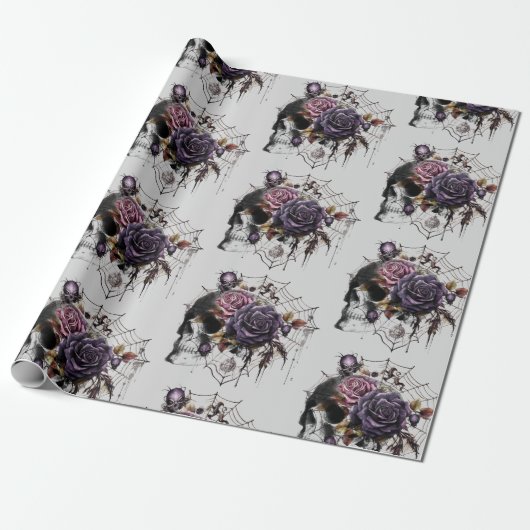 Eenvoudige gotische rozen & schedel Halloween fees Cadeaupapier (Uitgerold)