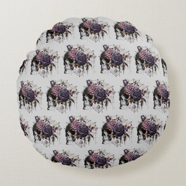 Eenvoudige gotische rozen & schedel Halloween fees Rond Kussen (Voorkant)