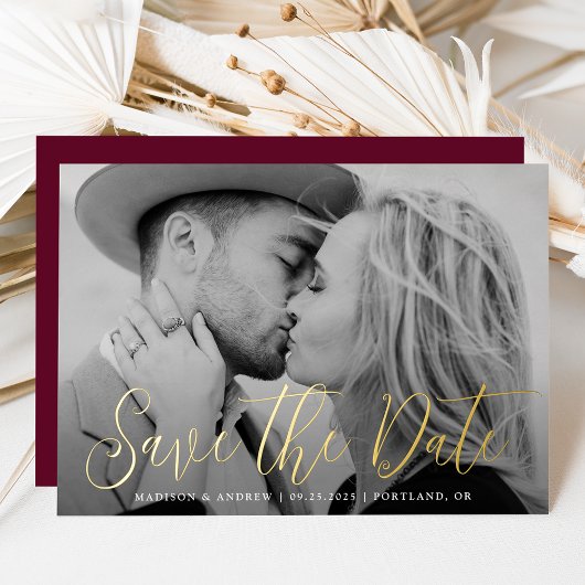 Eenvoudige goud folie script foto save the date uitnodiging