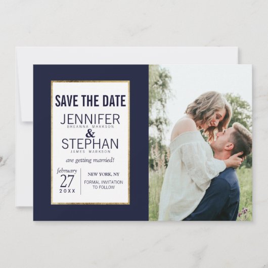 Eenvoudige goud omlijnde marineblauwe Save the Dat Date (Voorkant)