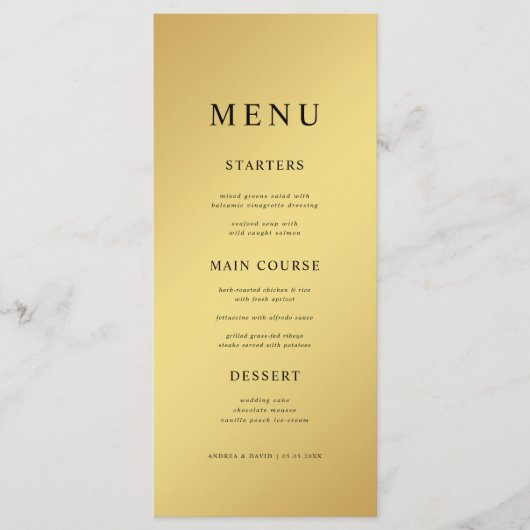 Eenvoudige Goud & Zwart Metallic Gradiënt Bruiloft Menu (Voorkant)