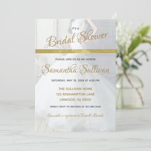 Eenvoudige gouden accent foto bruids douche uitnod kaart (Staand voorkant)