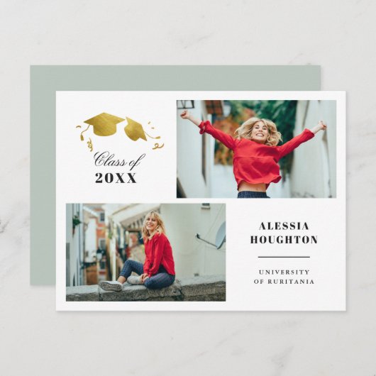 Eenvoudige Gouden Afstuderen Caps Foto Afstuderen Uitnodiging Briefkaart (Voorkant / Achterkant)