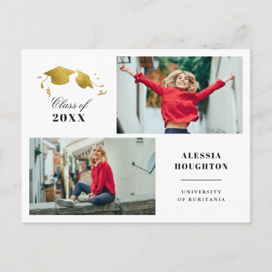 Eenvoudige Gouden Afstuderen Caps Foto Afstuderen Uitnodiging Briefkaart (Voorkant)