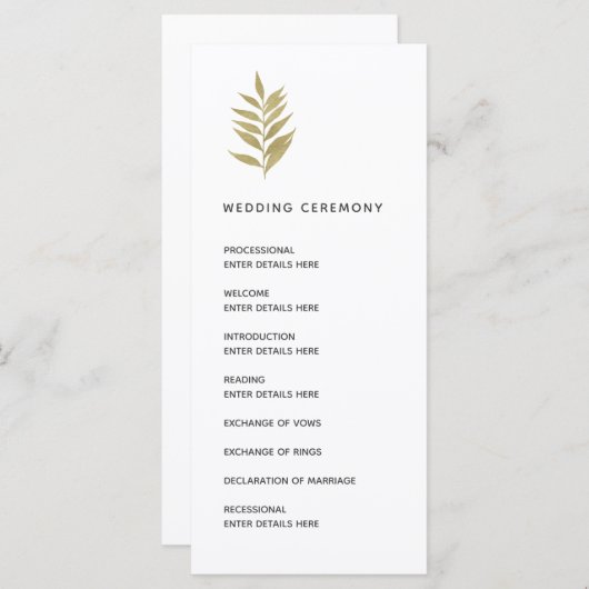 Eenvoudige gouden blad botanische bruiloft ceremon programmakaart (Voorkant / Achterkant)
