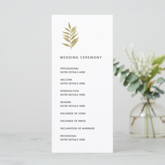 Eenvoudige gouden blad botanische bruiloft ceremon programmakaart (Staand voorkant)