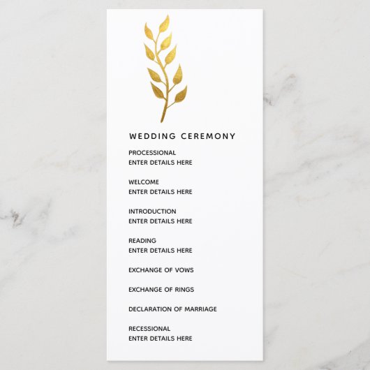 Eenvoudige gouden blad botanische bruiloft ceremon programmakaart (Voorkant)