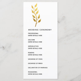 Eenvoudige gouden blad botanische bruiloft ceremon programmakaart