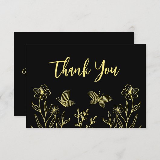 Eenvoudige gouden bloem zwarte bruiloft bedankkaart (Voorkant / Achterkant)