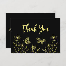 Eenvoudige gouden bloem zwarte bruiloft bedankkaart