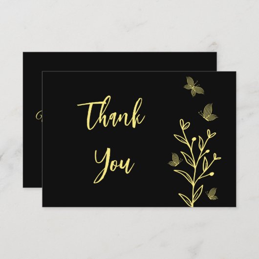 Eenvoudige gouden bloem zwarte bruiloft bedankkaart (Voorkant / Achterkant)