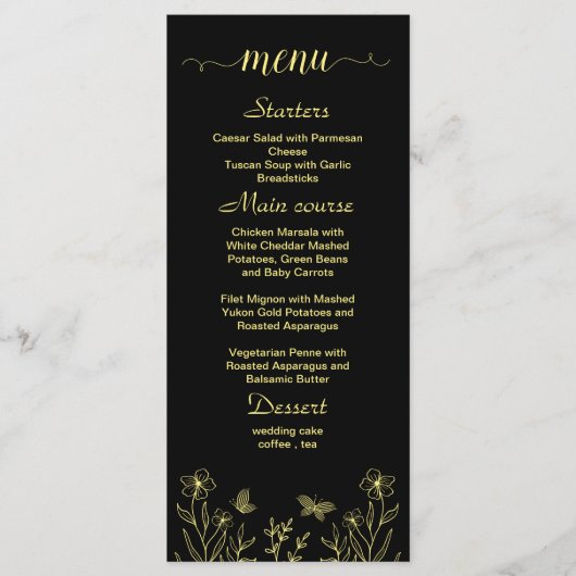 Eenvoudige gouden bloem zwarte bruiloft menu (Voorkant)
