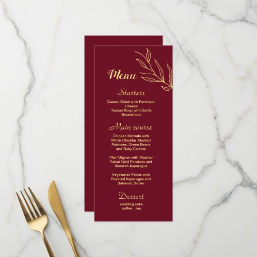 Eenvoudige gouden bloemen bordeaux bruiloft menu (Voorkant / Achterkant in situ)