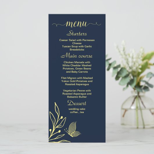Eenvoudige gouden bloemen marine bruiloft menu (Staand voorkant)