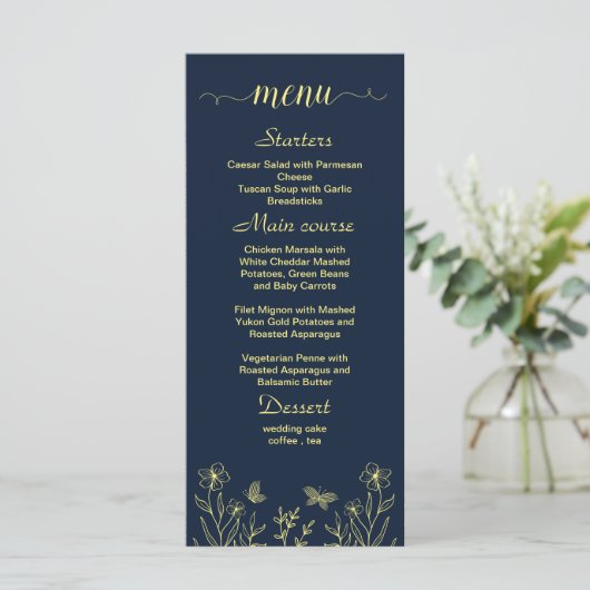 Eenvoudige gouden bloemen marinebruiloft menu (Staand voorkant)