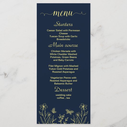 Eenvoudige gouden bloemen marinebruiloft menu (Voorkant)