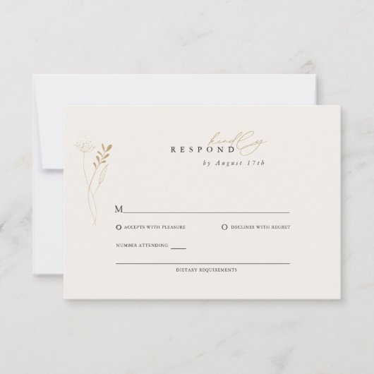 Eenvoudige Gouden Boho Bloemen Huwelijk RSVP Kaartje (Voorkant)