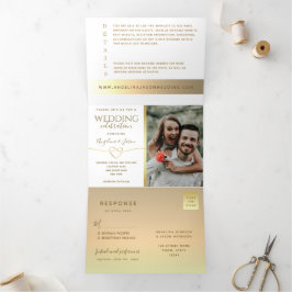 Eenvoudige Gouden Calligrafie Foto Bruiloft Drieluik Uitnodiging