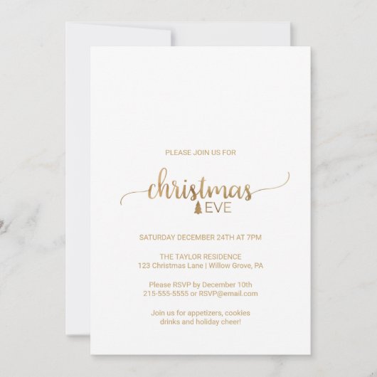 Eenvoudige Gouden Calligrafie Kerstavond Kaart (Voorkant)