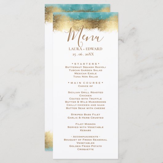 Eenvoudige gouden folie en aquablauwe rand minimal menu (Voorkant / Achterkant)