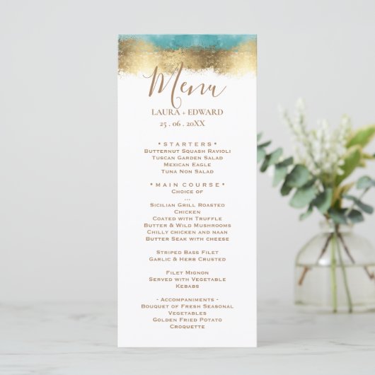 Eenvoudige gouden folie en aquablauwe rand minimal menu (Staand voorkant)
