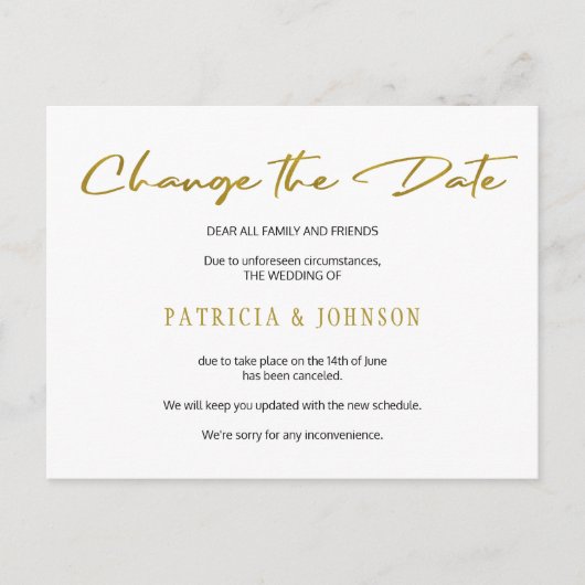 Eenvoudige gouden glitters bruiloft wijziging van  aankondigingskaart (Voorkant)