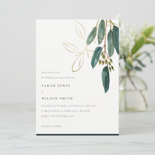 Eenvoudige gouden groene eucalyptusloof bruiloft kaart (Staand voorkant)