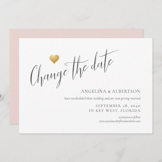 Eenvoudige Gouden Hart Wijzig de Datum Trouwdag Aankondiging (Voorkant / Achterkant)