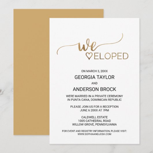 Eenvoudige gouden kalligrafie elopement kaart (Voorkant / Achterkant)