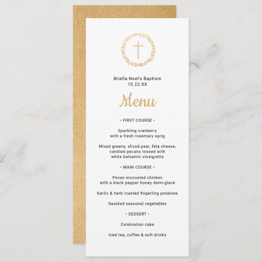 Eenvoudige gouden krans met kruisdoop Menu Kaart (Voorkant / Achterkant)