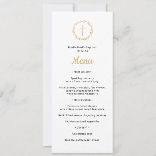 Eenvoudige gouden krans met kruisdoop Menu Kaart (Voorkant)