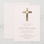 Eenvoudige gouden kruis met hart meisjes doop kaart (Voorkant / Achterkant)