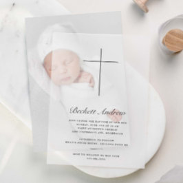 Eenvoudige gouden kruis script doop vellum uitnodigingen