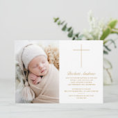 Eenvoudige Gouden Kruis Script Foto Doop Kaart (Staand voorkant)