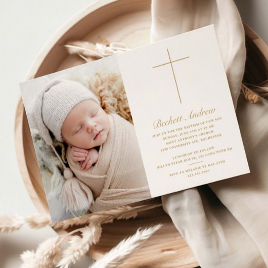 Eenvoudige Gouden Kruis Script Foto Doop Kaart