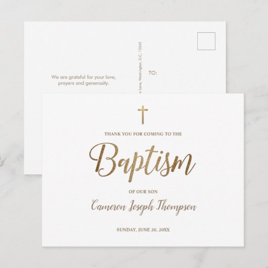 Eenvoudige gouden kruis witte baby jongen dank u d briefkaart (Voorkant / Achterkant)