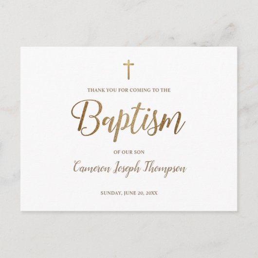 Eenvoudige gouden kruis witte baby jongen dank u d briefkaart (Voorkant)
