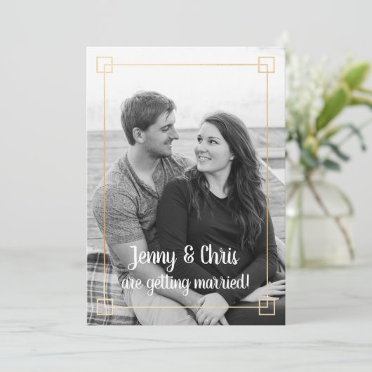 Eenvoudige gouden lijst foto bruiloft uitnodiging (Staand voorkant)