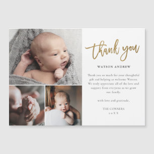 Eenvoudige gouden schrift 3 foto baby bedankkaart