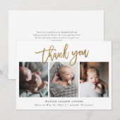 Eenvoudige Gouden Script 3 Foto Baby Bedankkaart (Voorkant / Achterkant)