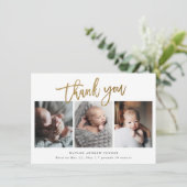 Eenvoudige Gouden Script 3 Foto Baby Bedankkaart (Staand voorkant)