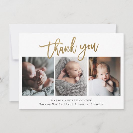 Eenvoudige Gouden Script 3 Foto Baby Bedankkaart (Voorkant)