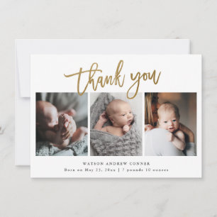 Eenvoudige Gouden Script 3 Foto Baby Bedankkaart