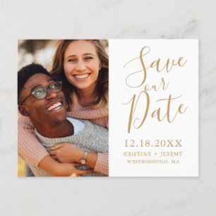 Eenvoudige gouden script foto Bespaar onze datum Aankondigingskaart